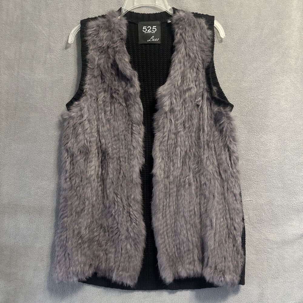 525 America Luxe Real Rabbit Fur Open Vest Womens Size Small Black Gray